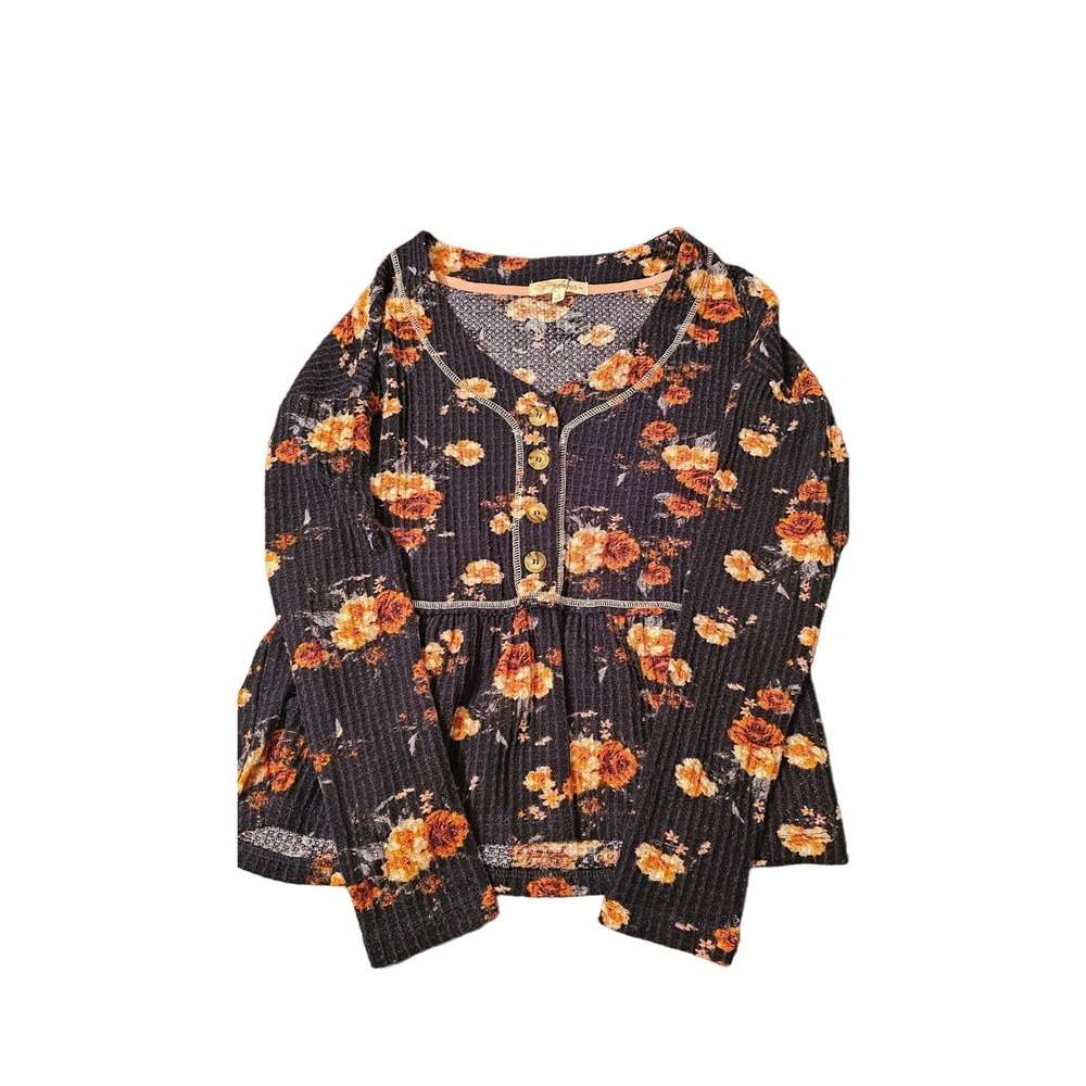 Rewind navy floral waffle long sleeve women's size small‎